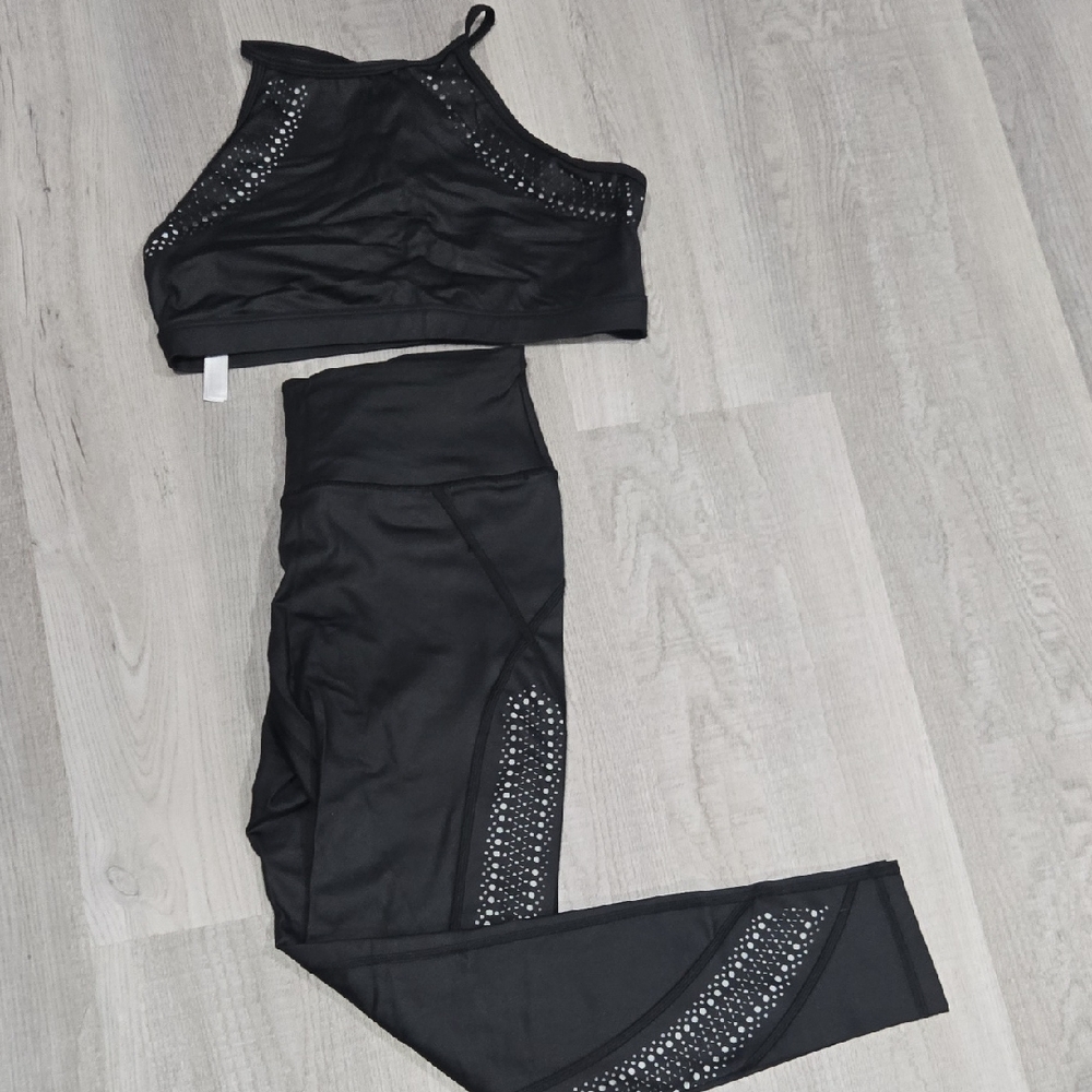 Victoria's Secret Black Leggings and Top with Mesh Accents